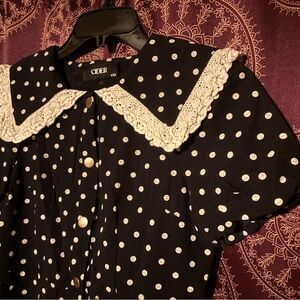 Cider Black Dress with Cream Polka Dots and Lace Trim